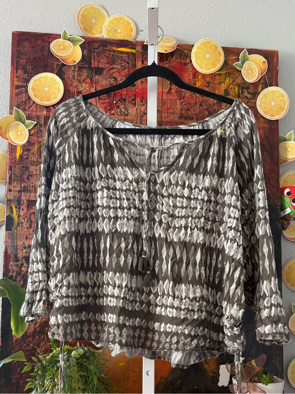 Relaxed Tie-Front Peasant Blouse - Olive & Ivory Size L